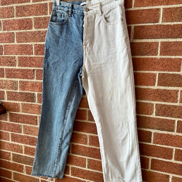 High Rise Half Blue Half White Denim Straight Women's Jeans, Size 26 - Picture 4 of 8